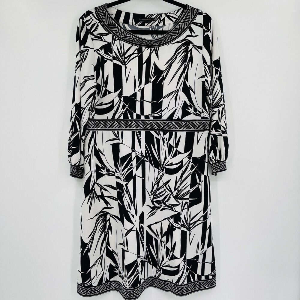 BCBGMAXARIA Womens Dress Black White Size Large Printed Knee Length Sheath